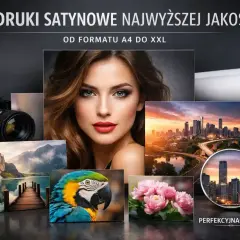Kolaż zdjęć: portret kobiety, krajobraz górski, papuga, kwiaty, miasto, aparat i rolki papieru.