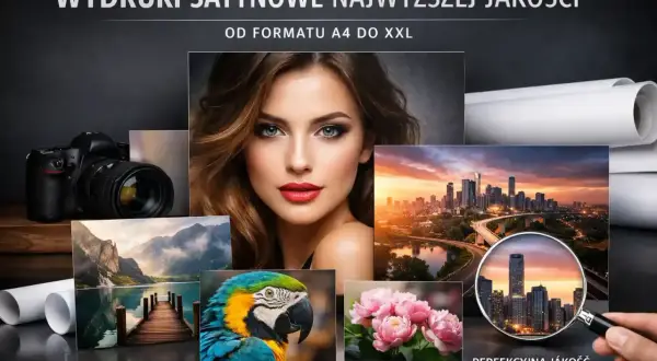 Kolaż zdjęć: portret kobiety, krajobraz górski, papuga, kwiaty, miasto, aparat i rolki papieru.