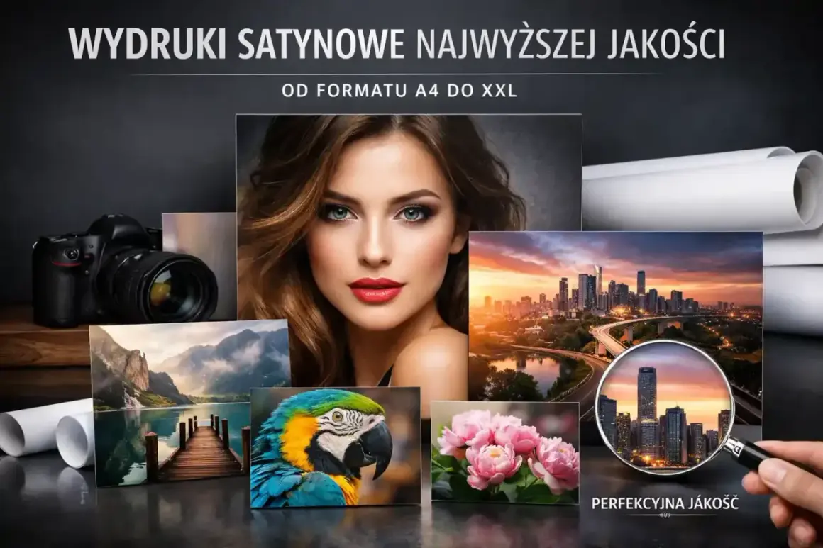 Kolaż zdjęć: portret kobiety, krajobraz górski, papuga, kwiaty, miasto, aparat i rolki papieru.