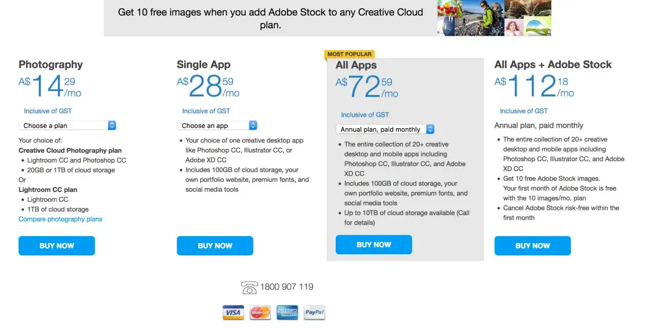 Cennik Adobe Creative Cloud: plan fotograficzny A$14/mies., pojedyncza aplikacja (np. Photoshop) A$28/mies., wszystkie aplikacje A$72/mies.