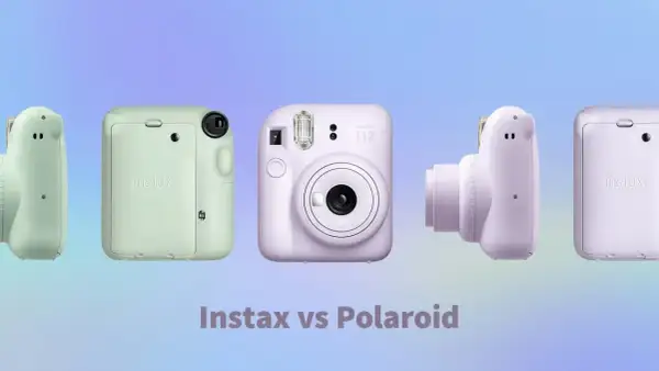 Kilka aparatów Instax, które drukują zdjęcia, w pastelowych kolorach.